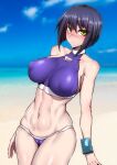  1girl absurdres bare_shoulders blue_hair blue_sky blurry blurry_background blush busou_renkin cameltoe closed_mouth cloud cloudy_sky collarbone covered_collarbone covered_nipples eyebrows_visible_through_hair eyelashes eyes_visible_through_hair gggg green_eyes hatching highres long_eyelashes looking_at_viewer navel ocean outdoors sand scar scar_on_face scar_on_nose shiny shiny_skin short_hair skindentation sky solo swimsuit tsumura_tokiko 