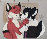  &lt;3 anthro black_body black_fur canid canine canis domestic_dog duo eyes_closed fox fur hi_res horn husky kissing male male/male mammal nordic_sled_dog piercing pink_dog red_body red_fur rivey_ravenheart spitz traditional_media_(artwork) white_body white_fur xfotzy 