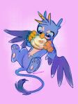  avian beak blue_body blue_eyes blue_feathers cinnamon_bun dawnfun eating feathers feral food friendship_is_magic gallus_(mlp) gryphon hasbro hi_res long_tail male my_little_pony mythological_avian mythology paws pink_background simple_background solo tan_body tan_feathers wings 