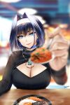  1girl bangs black_sweater blue_choker blue_eyes blue_hair blurry blurry_background blurry_foreground bow bow_earrings breasts choker cleavage cleavage_cutout clothing_cutout depth_of_field earrings easonx hair_between_eyes hair_intakes hairband highres holding holding_spoon hololive hololive_english incoming_food jewelry large_breasts long_sleeves looking_at_viewer medium_hair necklace ouro_kronii parted_lips signature solo spoon sweater turtleneck turtleneck_sweater upper_body virtual_youtuber white_hairband 
