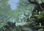  blue_sky blurry blurry_background blurry_foreground forest ghost kodama mononoke_hime moss nature plant reengirl rock scenery sky tree 