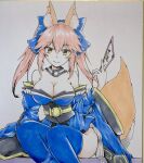  1girl animal_ear_fluff animal_ears bangs bare_shoulders blue_bow blue_kimono blue_legwear bow breasts cleavage closed_mouth commentary_request detached_collar detached_sleeves eyebrows_visible_through_hair eyelashes fate/extra fate_(series) feet_out_of_frame fox_ears fox_girl fox_tail graphite_(medium) hair_between_eyes hair_bow highres holding holding_paper japanese_clothes kimono large_breasts long_hair long_sleeves looking_at_viewer obi paper photo_(medium) pink_hair romani_ko_ryu sash short_kimono sidelocks sitting smile solo split_ponytail tail talisman tamamo_(fate) tamamo_no_mae_(fate/extra) thighhighs traditional_media white_background wide_sleeves yellow_eyes 
