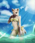  anthro arc_rose breasts clothing digital_media_(artwork) female hi_res hyaenid light looking_at_viewer mammal sea sunlight swimwear water 