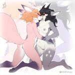  1:1 anthro black_hair bodily_fluids bovid breasts butt canid canine caprine conditional_dnp dakota_(kaggy1) duo eye_contact female female/female fox fox_tail genitals grey_body hair hi_res kissing looking_at_another mammal neck_tuft nipples nude orange_hair pawpads paws pink_body pussy romantic saliva saliva_string sheep small_breasts tuft w4g4 
