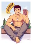  1boy 2018 abs anatomy artist_name bara biceps brown_eyes brown_hair crossed_legs cup elbow_on_knee hand_on_leg highres hunk jewelry male_focus mondoart1 muscular muscular_male necklace nipples one_eye_closed open_mouth original pants pectorals plant pot potted_plant scar scar_on_cheek scar_on_face sitting smile solo speech_bubble spiked_hair thick_eyebrows topless topless_male track_pants 