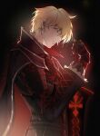  1boy ahoge alter_servant armor arthur_pendragon_(fate) arthur_pendragon_alter_(fate) black_armor black_cape blonde_hair cape closed_mouth dark_persona excalibur_(fate/prototype) expressionless fate/prototype fate_(series) highres holding holding_sword holding_weapon light_particles long_sleeves looking_at_viewer male_focus pinenutfish platinum_blonde_hair simple_background solo sword upper_body weapon yellow_eyes 