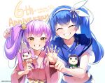  2girls ^_^ anniversary blue_hair closed_eyes commentary_request emerane english_text eyebrows_visible_through_hair hair_ribbon japanese_clothes long_hair looking_at_viewer midriff multiple_girls navel official_art oshiro_project oshiro_project_re purple_hair ribbon samegao_(oshiro_project) second-party_source side_ponytail smile taga_(oshiro_project) twintails upper_body white_ribbon yellow_eyes 