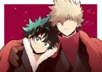  2boys bakugou_katsuki black_coat blonde_hair boku_no_hero_academia border brown_gloves cho_mo_futoshi closed_mouth coat freckles fringe_trim frown fur-trimmed_coat fur_trim gloves green_eyes green_hair hand_on_another&#039;s_shoulder high_collar male_focus midoriya_izuku multiple_boys official_alternate_costume outside_border red_background red_eyes red_scarf red_shirt scarf shared_scarf shirt simple_background smile spiked_hair white_border 