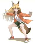  1girl absurdres alternate_costume animal_ear_fluff animal_ears bangs belt blonde_hair commentary extra_ears ezo_red_fox_(kemono_friends) fox_ears fox_girl fox_tail frown full_body fur_collar gradient_hair green_panties green_skirt hair_between_eyes highres hood hood_down hooded_jacket jacket kemono_friends long_hair long_sleeves multicolored_hair open_clothes open_jacket orange_jacket outstretched_arms panties pantyshot pose shirt simple_background skirt solo tail tanabe_(fueisei) underwear white_background white_hair white_shirt yellow_eyes 
