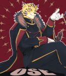  1boy character_name coat facial_hair fur-trimmed_coat fur_trim furry furry_male goatee green_eyes hat highres holding holding_clothes holding_hat izm_(izm_rm7) looking_at_viewer male_focus medal military military_uniform ose_(housamo) panther_boy panther_ears red_background short_hair smile solo star_(symbol) tokyo_afterschool_summoners uniform 