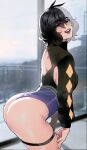  1girl ass ass_focus back bangs black_hair blush breasts come_hither eyeshadow green_eyes highres leotard looking_back makeup multicolored_hair nyantcha original presenting short_hair smile split-color_hair sweater thighs two-tone_hair white_hair yorra_villeneuve 