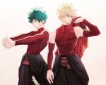  2boys bakugou_katsuki bare_shoulders belt black_coat blonde_hair boku_no_hero_academia brown_belt cho_mo_futoshi closed_mouth clothes_around_waist coat commentary_request detached_sleeves freckles fringe_trim green_eyes green_hair holding holding_clothes holding_scarf long_sleeves male_focus midoriya_izuku multiple_boys official_alternate_costume own_hands_clasped own_hands_together red_eyes red_scarf red_shirt scar scarf shirt short_hair simple_background spiked_hair standing stretch teeth tight tight_shirt white_background 