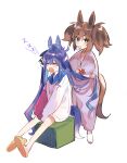  2girls animal_ears bangs bath_yukata blue_hair blush breasts brown_hair brushing_another&#039;s_hair cleavage closed_eyes drooling full_body highres hood hoodie horse_ears horse_girl horse_tail inari_one_(umamusume) japanese_clothes kimono large_breasts long_hair mayana_(bbpp) mouth_hold multiple_girls open_mouth simple_background sitting sleeves_past_fingers sleeves_past_wrists slippers standing tail twin_turbo_(umamusume) twintails umamusume white_background yukata zzz 