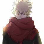  1boy bakugou_katsuki black_coat blonde_hair boku_no_hero_academia cho_mo_futoshi coat covered_mouth fringe_trim male_focus official_alternate_costume red_eyes red_scarf scarf simple_background solo spiked_hair white_background 