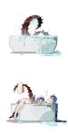  1boy 1other bathing bathtub blue_hair chibi closed_mouth cu_chulainn_(fate) cu_chulainn_(fate/stay_night) cu_chulainn_alter_(fate) dark_persona earrings facepaint fate/grand_order fate_(series) highres jewelry long_hair male_focus mini_cu-chan_(fate) monster_boy shitakawa simple_background spiked_hair spikes tail towel water 