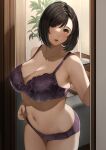  1girl bangs black_hair blush bra breasts cleavage eyebrows_visible_through_hair highres indoors large_breasts lips looking_at_viewer mature_female navel original panties parted_lips plant purple_bra purple_panties sakura_no_tomoru_hi_e short_hair solo underwear 