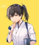  1girl bangs black_hair closed_mouth commentary_request cup dated hair_between_eyes hand_on_own_chin holding holding_cup japanese_clothes kaga_(kancolle) kantai_collection mug ponytail samonasu17 side_ponytail simple_background solo tasuki twitter_username upper_body yellow_background 