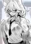  1girl animal_ear_fluff animal_ears bangs blurry blurry_background blush bra breasts closed_mouth coat commentary eyebrows_visible_through_hair fate/extella fate/extra fate_(series) fox_ears fox_girl fox_tail glasses greyscale hair_between_eyes hairband highres large_breasts long_hair long_sleeves looking_at_viewer monochrome necktie seductive_smile see-through_shirt shirt sidelocks smile solo tail tamamo_(fate) tamamo_no_mae_(fate/extra) tamamo_no_mae_(jk)_(fate) underwear upper_body wet wet_clothes wet_shirt wisespeak 