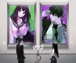  1boy 1girl black_hair black_sailor_collar chitanda_eru from_above gakuran green_eyes grey_neckerchief highres hyouka kamiyama_high_school_uniform long_hair looking_at_viewer mery_(yangmalgage) meta neckerchief oreki_houtarou pleated_skirt portrait_(object) purple_eyes sailor_collar school_uniform serafuku short_hair skirt 