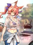  1girl absurdres animal_ears bangs blurry blurry_background bottle bow bra breasts breath cleavage closed_mouth collarbone cowboy_shot eyebrows_visible_through_hair fate/extra fate_(series) fox_ears fox_girl fox_tail hair_bow hand_up highres long_hair looking_at_viewer midriff navel see-through short_sleeves sidelocks smile solo standing sweat tail tamamo_(fate) tamamo_no_mae_(fate/extra) underwear wisespeak 