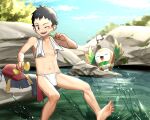  1boy 1girl absurdres akari_(pokemon) barefoot black_eyes black_hair blue_sky blush bulge cloud day female_pervert fundoshi hiding highres japanese_clothes jeongchebulmyeongingan looking_at_another navel one_eye_closed onsen open_mouth outdoors pervert pokemon pokemon_(game) pokemon_legends:_arceus rei_(pokemon) rowlet sky smile sparkle towel towel_around_neck water 