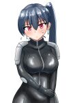  1girl biker_clothes bikesuit black_bodysuit blush bodysuit breasts commentary_request ear_piercing hayabusa_nobuwo highres knee_pads kukkoro_rider large_breasts long_hair looking_at_viewer ministry_of_land_infrastructure_and_transportation piercing red_eyes shoulder_pads side_ponytail simple_background skin_tight solo white_background 