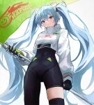  1girl black_gloves black_legwear blue_eyes blue_hair closed_mouth eyebrows_visible_through_hair flag gloves green_gloves hair_between_eyes hatsune_miku holding holding_flag light_blue_eyes light_blue_hair long_hair multicolored_clothes multicolored_gloves po_ppe racing_miku_(2022) see-through skindentation smile solo thighhighs twintails two-tone_gloves very_long_hair vocaloid 