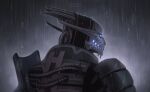  alien armor cybernetic_arm cybernetic_face cybernetic_limb cybernetics cyborg glowing glowing_eyes glowing_mouth hi_res hood machine male mass_effect outside raining reiline saren_arterius solo turian video_games water wet 