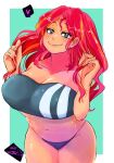  1girl aqua_background border breasts cleavage colored_skin gris_swimsuit hands_up highres huge_breasts long_hair looking_at_viewer meme_attire multicolored_hair my_little_pony my_little_pony_equestria_girls my_little_pony_friendship_is_magic navel one-piece_swimsuit orange_hair orange_skin red_hair see-through see-through_swimsuit shadow smile solo sozglitch strapless strapless_swimsuit streaked_hair sunset_shimmer swimsuit white_border 
