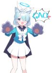  1girl ;d animal_ear_fluff animal_ears animal_hands arona_(blue_archive) bangs billbung black_cape blue_archive blue_eyes blue_shirt blush braid cape cat_ears choker colored_inner_hair commentary fang gao gloves hair_over_one_eye hairband halo heart kemonomimi_mode light_blue_hair long_sleeves looking_at_viewer multicolored_hair one_eye_closed open_mouth paw_gloves pink_hair puffy_long_sleeves puffy_sleeves sailor_collar shirt short_hair side_braid simple_background skirt smile solo two-tone_hair white_background white_choker white_hairband white_sailor_collar white_skirt 