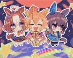  3girls admire_vega_(umamusume) ahoge animal_ears bangs_pinned_back blue_dress brown_hair chibi closed_eyes closed_mouth crown dress ear_piercing earth_(planet) hairband highres holding_hands horse_ears horse_girl horse_tail looking_to_the_side mayana_(bbpp) meisho_doto_(umamusume) mini_crown multicolored_hair multiple_girls orange_hair piercing planet shirt shooting_star skirt smile star_(symbol) sun t.m._opera_o_(umamusume) tail two-tone_hair umamusume v-shaped_eyebrows white_shirt 