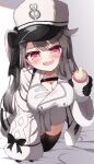  1girl :3 :d azur_lane belt black_bow black_gloves black_legwear blush bottle bow breast_strap breasts cleavage cleavage_cutout clothing_cutout collarbone come_hither commentary eyebrows_visible_through_hair gloves grey_hair hair_between_eyes hat highres holding impossible_clothes kneeling large_breasts long_hair long_sleeves looking_at_viewer mikage_(shibi) milk_bottle open_mouth oppai_loli pamiat_merkuria_(azur_lane) red_eyes shadow simple_background smile solo thick_eyelashes thighhighs wide_sleeves 