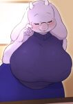  4_fingers anthro big_breasts blush boss_monster bovid breasts caprine clothed clothing eyes_closed eyewear female fingers floppy_ears fur glasses hi_res horn huge_breasts inside leaning leaning_forward long_ears mammal mature_anthro mature_female sleeveless solo sweater topwear toriel underchikichan undertale undertale_(series) video_games white_body white_fur 