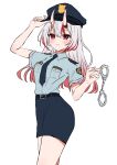  1girl absurdres adjusting_clothes adjusting_headwear alternate_costume black_skirt blue_necktie blue_shirt blush breasts collared_shirt cowboy_shot cuffs dress_shirt eyebrows_visible_through_hair hair_between_eyes handcuff_dangle handcuffs hat highres hololive horns karashi_(asarikarasi) long_hair looking_at_viewer medium_breasts miniskirt multicolored_hair nakiri_ayame necktie oni_horns parted_lips pencil_skirt police police_hat police_uniform red_eyes red_hair shirt shirt_tucked_in short_sleeves silver_hair simple_background skirt smile solo standing streaked_hair two-tone_hair uniform virtual_youtuber white_background 