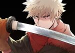  1boy bakugou_katsuki black_background blonde_hair boku_no_hero_academia brown_gloves brown_shirt cho_mo_futoshi closed_mouth commentary_request fringe_trim gloves holding holding_sword holding_weapon looking_at_viewer male_focus official_alternate_costume red_eyes red_scarf scarf shirt simple_background solo spiked_hair sword weapon 