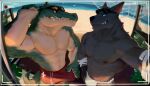  2021 abs anthro arm_wraps asian_clothing beach biped blue_eyes bottomwear bulge camera camera_view canid canine character_request claws clothed clothing crocodilian crocodylid detailed_background duo east_asian_clothing erection erection_under_clothing eyewear eyewear_on_head fundoshi fur genital_outline gloves green_body grey_body grey_fur hand_on_crotch handwear hi_res japanese_clothing leaf league_of_legends male male/male mammal muscular muscular_anthro muscular_male net nipples pecs penis_outline recording renekton reptile riot_games ruinfish sand scalie seaside shorts smile sunglasses sunglasses_on_head teeth underwear video_games wraps yellow_eyes 