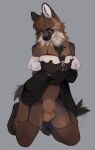  animal_genitalia anthro balls black_clothing black_dress black_nose brown_body brown_fur canid canine clothed clothing clothing_lift crossdressing digital_media_(artwork) dress dress_lift fluffy fully_sheathed fur genitals girly grey_background hi_res kneeling legwear male mammal mellonbun neck_tuft presenting_sheath shaded sheath simple_background solo stockings tuft 