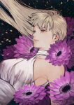  1girl anemone_(flower) bangs bare_shoulders black_background breasts floating_hair flower highres long_hair original parted_lips platinum_blonde_hair purple_eyes purple_flower shadow sideboob solo upper_body yumeko_(yumeyana_g) 