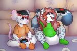  2019 ambiguous_gender anthro archived_source clothed clothing controller detailed_background diaper digital_drawing_(artwork) digital_media_(artwork) duo emo_haircut fur game_controller hair mammal monsterbunny murid murine open_mouth rat rodent sitting young 