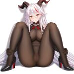  1girl absurdly_long_hair absurdres aegir_(azur_lane) azur_lane bare_shoulders black_footwear black_legwear blurry bodysuit breasts chinese_commentary cleavage closed_mouth covered_navel earrings eyebrows_visible_through_hair full_body hair_between_eyes high_heels highres hong_bai horns jewelry lace-trimmed_panties lace_trim large_breasts legs long_hair looking_at_viewer m_legs multicolored_hair panties pantyhose pussy red_hair shadow simple_background slit_pupils smile solo split_mouth spread_legs stomach streaked_hair thighs two-tone_hair underwear very_long_hair white_background white_hair yellow_eyes 