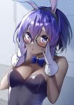  1girl absurdres black-framed_eyewear blue_bow blue_bowtie bow bowtie breasts cleavage dark-skinned_female dark_skin fate/grand_order fate_(series) glasses gloves hairband hassan_of_serenity_(fate) highres medium_breasts mizumok1 playboy_bunny short_hair solo white_gloves 