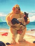  2022 anthro beach belly big_belly blush brown_body canid canine canis carrying convenient_censorship detailed_background domestic_dog duo hi_res lifesaver male male/male mammal moobs nipples outside overweight overweight_male seaside size_difference smollsaid water 