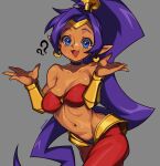  1girl ? ?? bare_shoulders black_choker blue_eyes breasts choker cowboy_shot earrings grey_background hands_up highres jewelry long_hair looking_at_viewer medium_breasts open_mouth pointy_ears ponytail purple_hair shadow shantae shantae_(series) simple_background smile solo sweatdrop very_long_hair waa153 