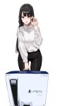  1girl :d absurdres bangs black_hair blush box breasts earrings fffukuzawa highres jewelry long_hair looking_at_viewer original pants playstation_5 red_eyes simple_background smile solo sweater white_background 