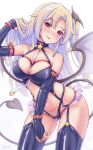  1girl azur_lane bat_wings blonde_hair bondage_outfit breasts cleveland_(azur_lane) cowboy_shot demon_girl demon_horns demon_tail demon_wings dominatrix harness heart heart_tattoo highres horns looking_at_viewer low_wings medium_breasts navel one_side_up ponytail pubic_tattoo red_eyes solo tail tattoo wings yuki_shizuku 