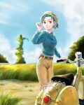  1girl adjusting_eyewear belt cloud day earrings glasses grass green_hair ground_vehicle hat hatsuseno_alpha highres jewelry motor_vehicle necktie outdoors pants ponytail redcompressor scooter sky smile solo vespa yokohama_kaidashi_kikou 