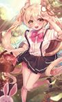  1girl :3 :d absurdres animal_ear_fluff animal_ears basket blonde_hair blurry blurry_foreground blush bow branch bread bunny commentary_request commission eyebrows_visible_through_hair food frilled_skirt frills hair_between_eyes hair_ornament hand_up highres holding knees_together_feet_apart leehwa long_hair looking_at_viewer mushroom open_mouth original outdoors pink_bow river rope shadow shirt short_sleeves skirt smile solo squirrel_ears squirrel_girl standing standing_on_one_leg suspenders teeth thighs tree twintails upper_teeth white_shirt yellow_eyes 