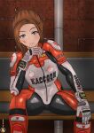  1girl absurdres alternate_costume biker_clothes bikesuit blue_eyes bodysuit brown_hair claire_redfield gloves highres looking_at_viewer personanongrata resident_evil resident_evil_2 scar scar_on_face shoulder_pads sitting skin_tight solo white_gloves 