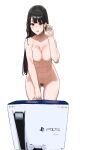  1girl :d absurdres bangs black_hair blush box breasts cleavage completely_nude earrings female_pubic_hair fffukuzawa highres inverted_nipples jewelry long_hair looking_at_viewer navel nude original playstation_5 pubic_hair red_eyes simple_background smile solo white_background 