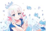  1girl axolotl_girl blue_eyes blue_flower blush bouquet double_v flower fox holding holding_bouquet korean_commentary lee_on neckerchief nijisanji nijisanji_kr pink_neckerchief sailor_collar san_sami silver_hair smile solo v virtual_youtuber water white_background 